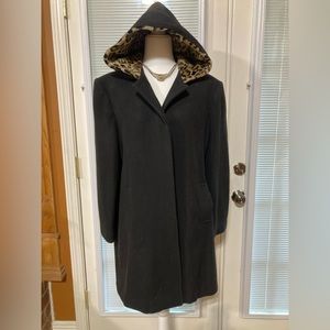 MDP black wool coat with leopard print lined hood